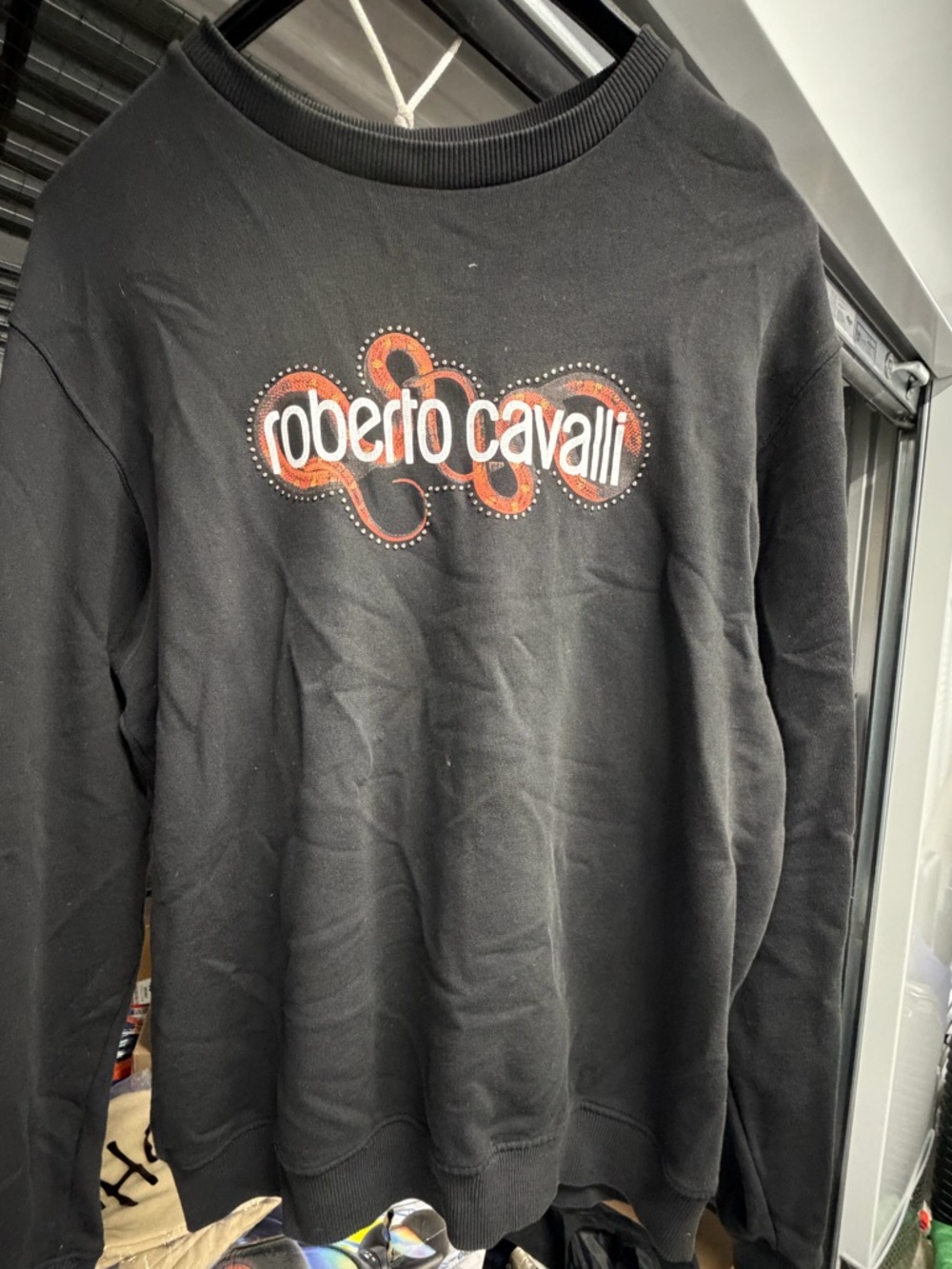 Roberto Cavalli Black Crewneck Sweatshirt with Red Logo Detail